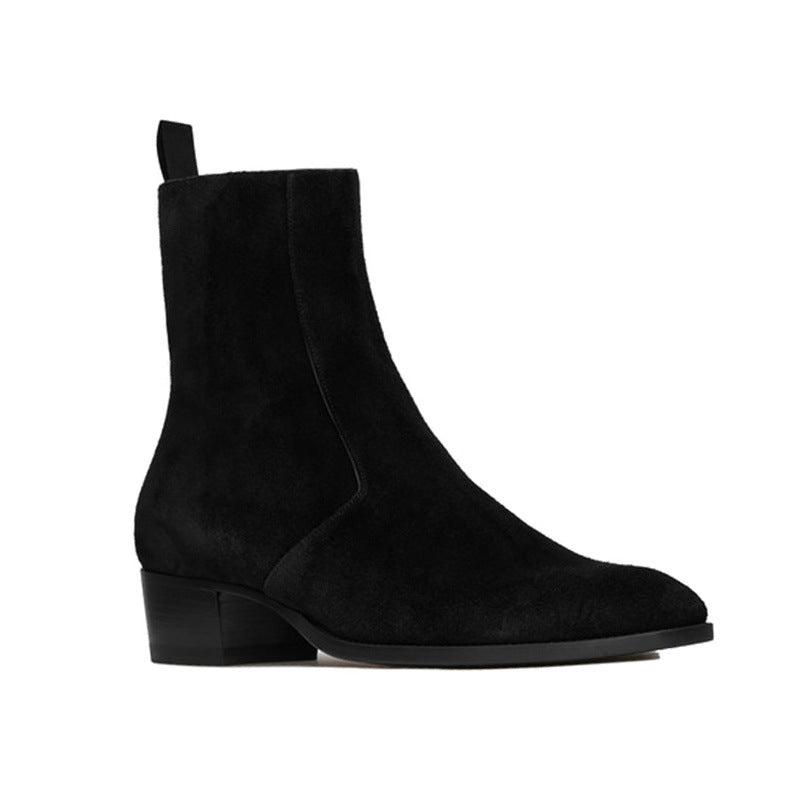  Bottes zippée noir en cuir velours vachette véritable à bout amande et talon bloc, vue latéral de coté