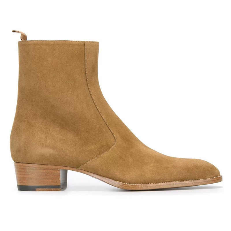  Bottes zippées marron en daim pour homme, avec fermeture éclair latérale et bout amande, vue de coté