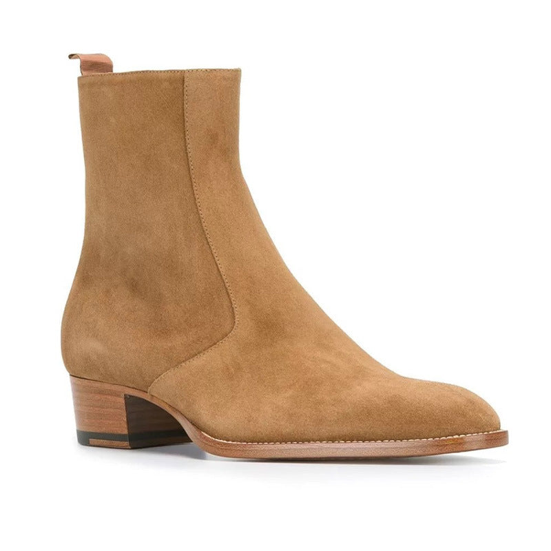  Bottes zippées marron en daim pour homme, avec fermeture éclair latérale et bout amande, vue latéral