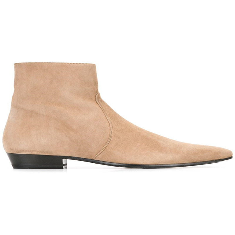 Bottines Chelsea pour homme en nubuck kaki avec bout pointu et fermeture éclair, vue de coté