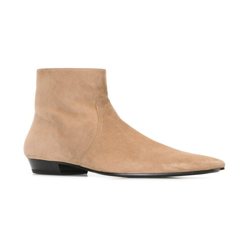 Bottines Chelsea pour homme en nubuck kaki avec bout pointu et fermeture éclair, vue latéral