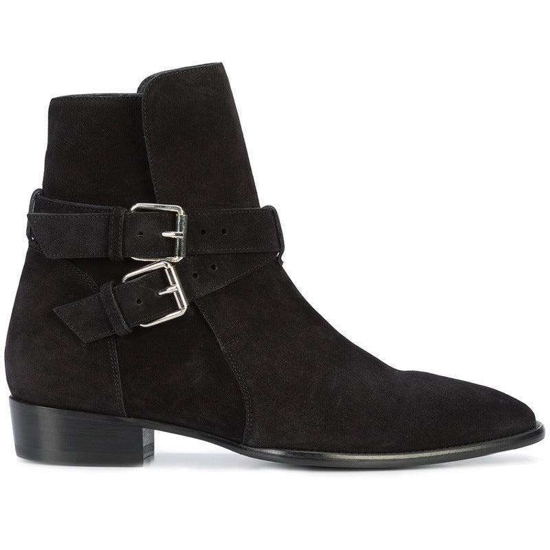 Bottines noir à double sangle en cuir daim vachette véritable, vue de coté.