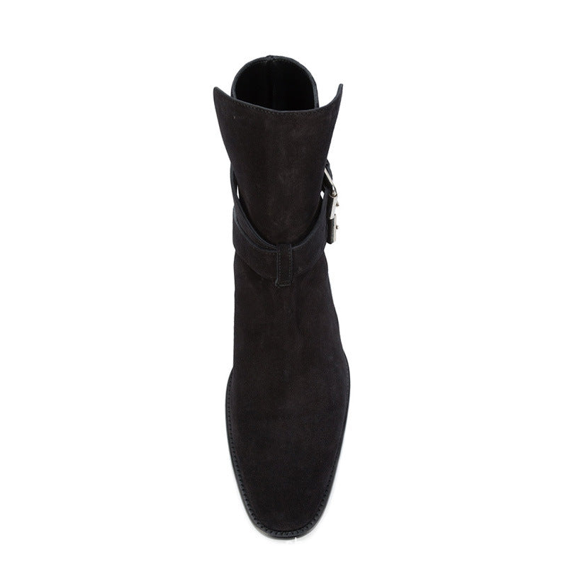 Bottines noir à double sangle en cuir daim vachette véritable, vue frontale