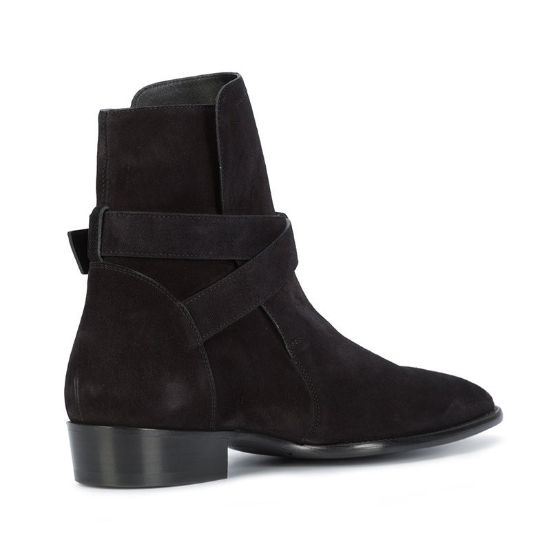 Bottines noir à double sangle en cuir daim vachette véritable, vue latéral de l'arrière 