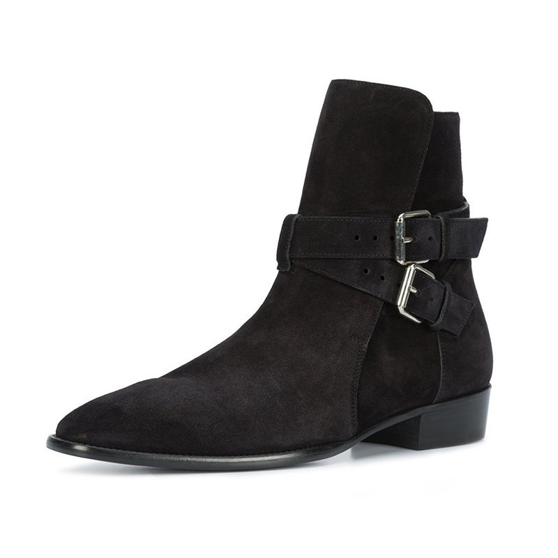 Bottines noir à double sangle en cuir daim vachette véritable, vue latéral de l'avant