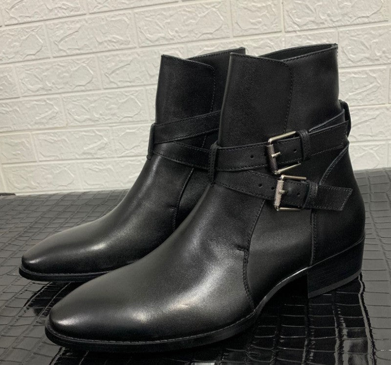 Bottines noir à double sangle en cuir vachette véritable, vue de coté