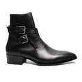 Bottines noir à double sangle en cuir vachette véritable, vue de coté.