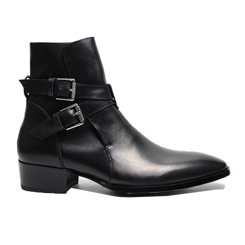 Bottines noir à double sangle en cuir vachette véritable, vue de coté.