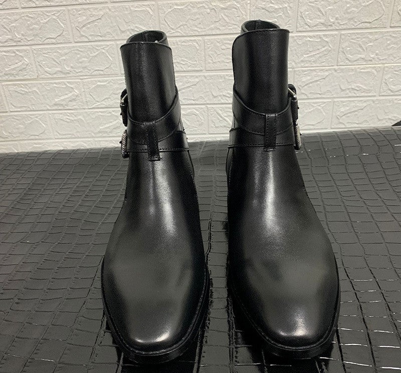 Bottines noir à double sangle en cuir vachette véritable, vue frontale