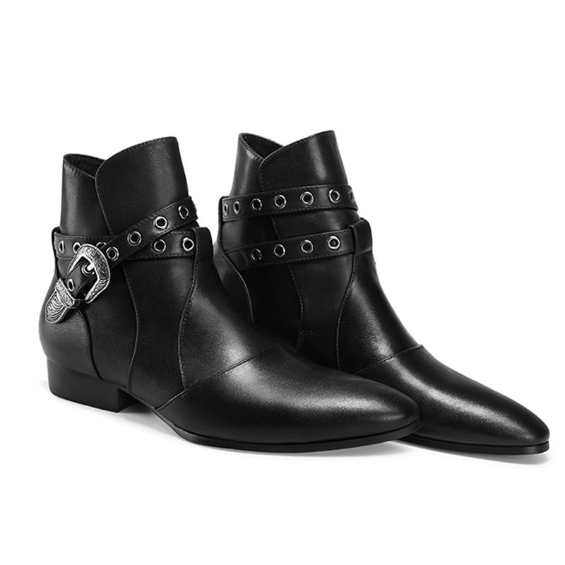  Bottines western en cuir lisse vachette véritable avec une sangle et bout pointu, vue latéral.