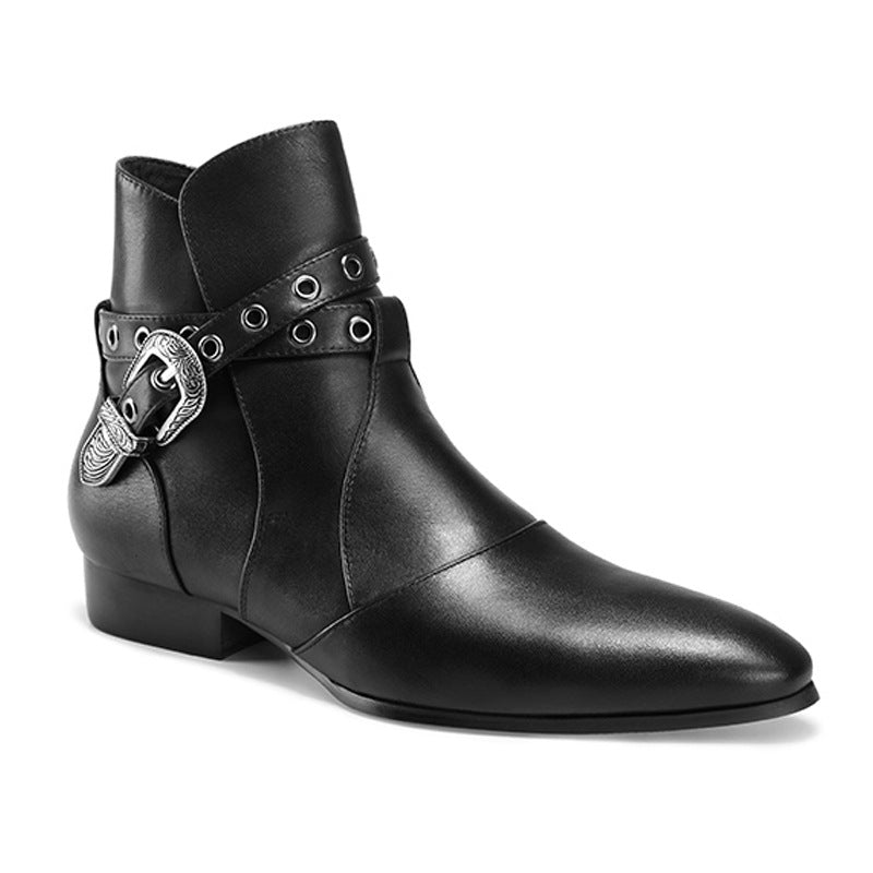  Bottines western en cuir lisse vachette véritable avec une sangle et bout pointu, vue latéral