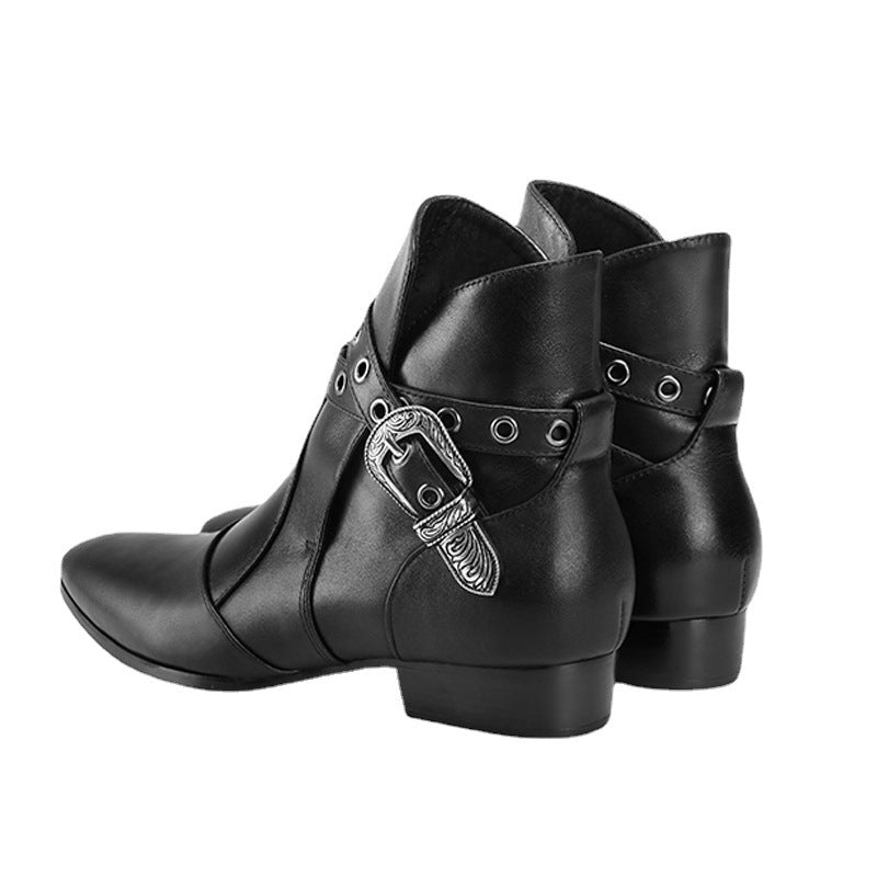  Bottines western en cuir lisse vachette véritable avec une sangle et bout pointu, vue latéral de l'arrière