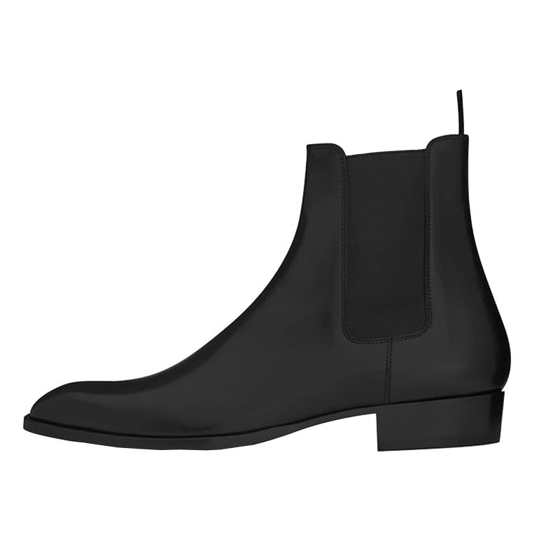 "Cortona" Bottes Chelsea pour homme en cuir vachette noir, bout amande, vue de coté.