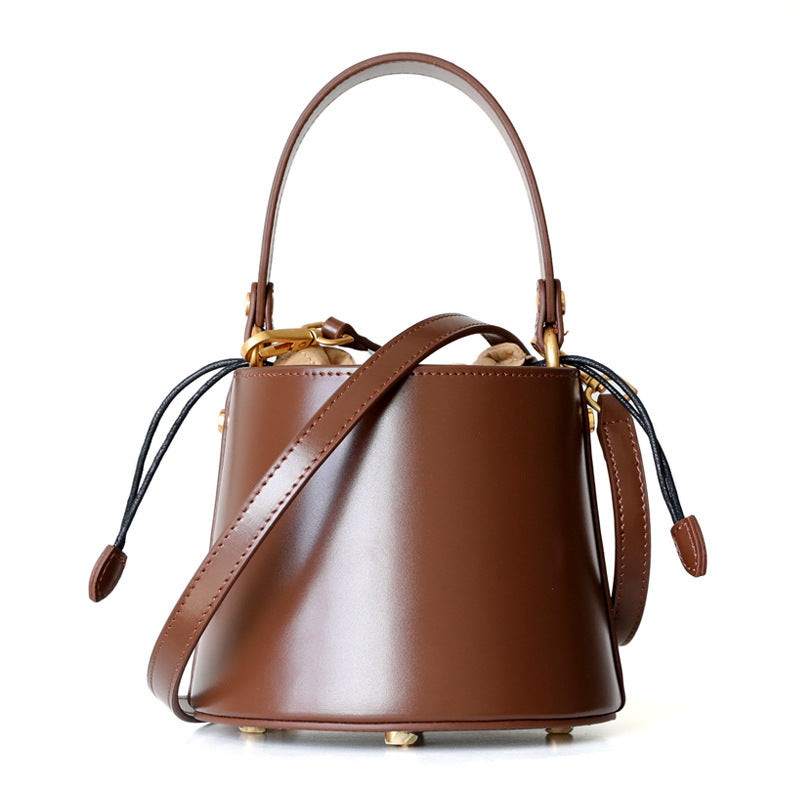 Mini sac seau femme en cuir véritable, coloris caramel, vue frontale