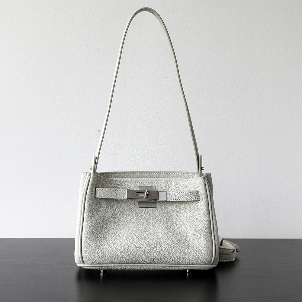 Sac Kelly bandoulière en cuir véritable, finition lisse, coloris blanc – vue frontale