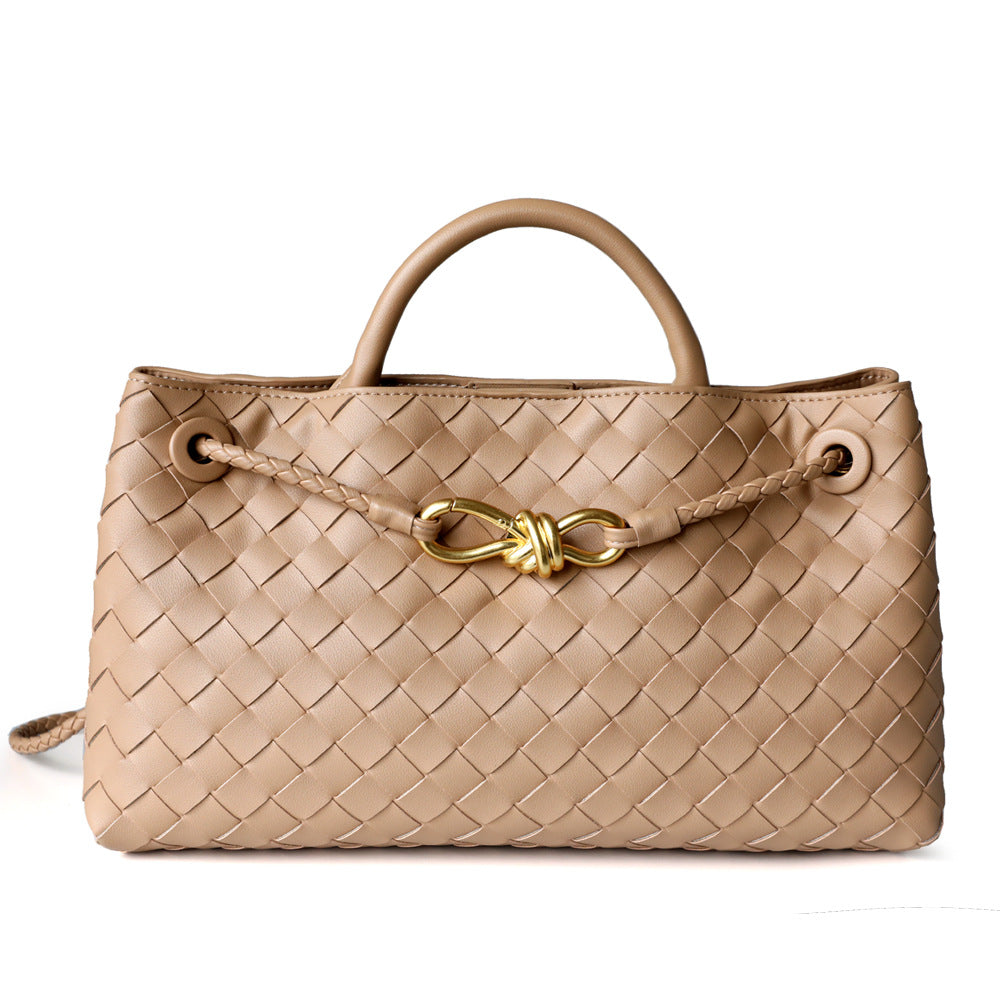 Sac cabas en cuir tressé pour femme, coloris beige, vue frontale