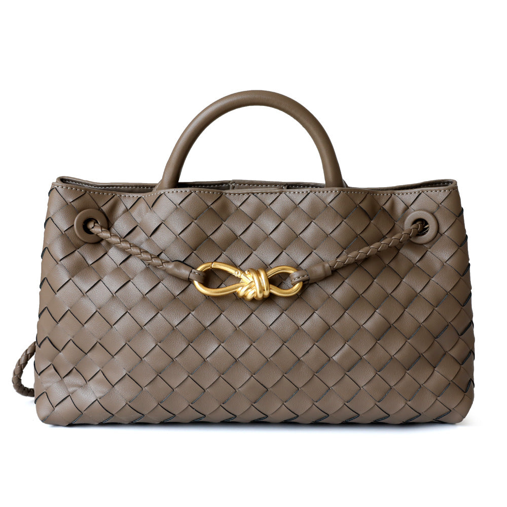 Sac cabas en cuir tressé pour femme, coloris brun foncé, vue frontale