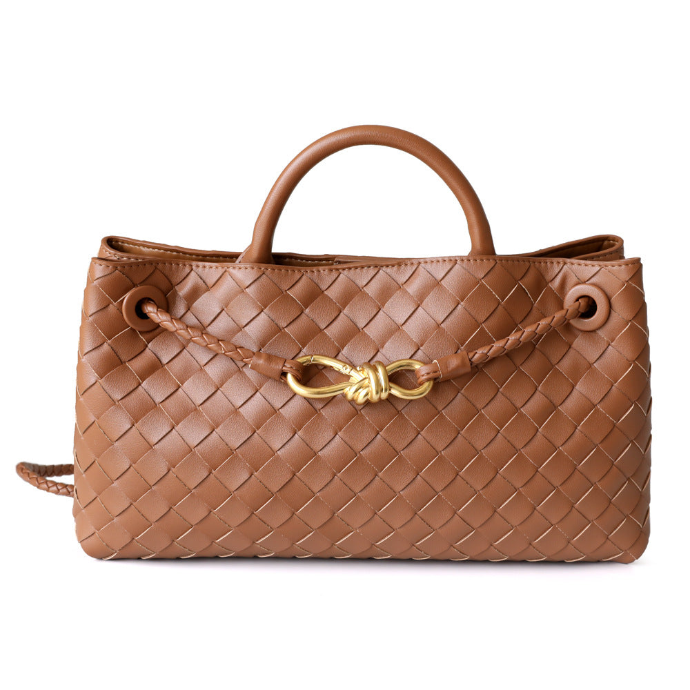 Sac cabas en cuir tressé pour femme, coloris caramel, vue frontale
