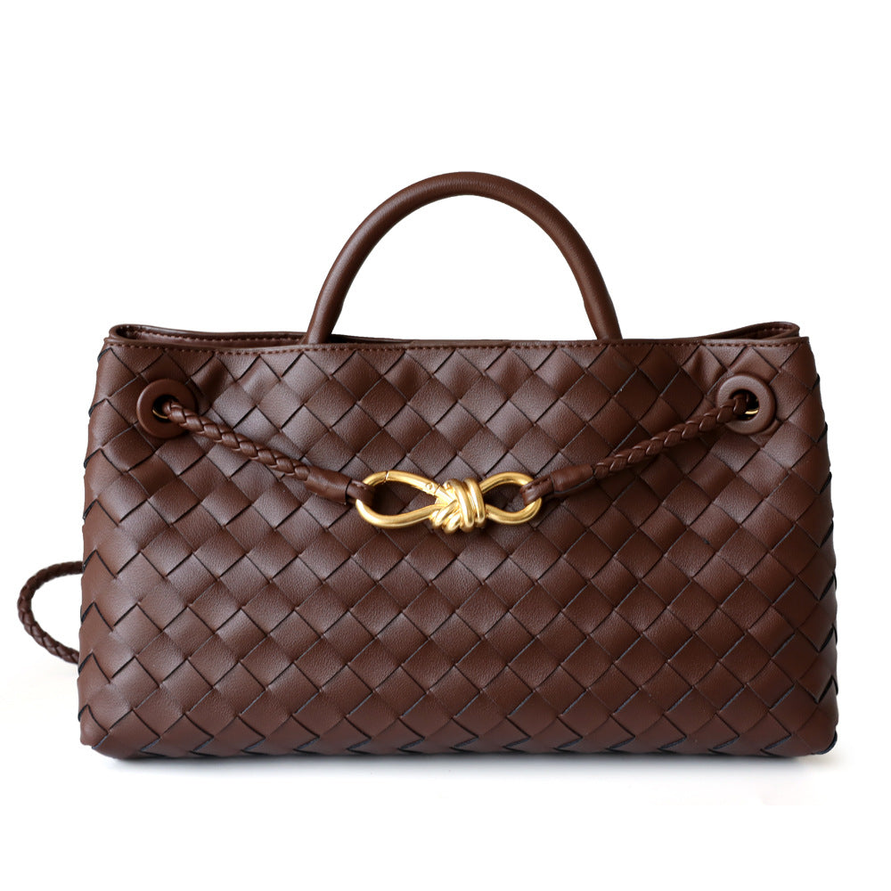 Sac cabas en cuir tressé pour femme, coloris marron foncé, vue frontale