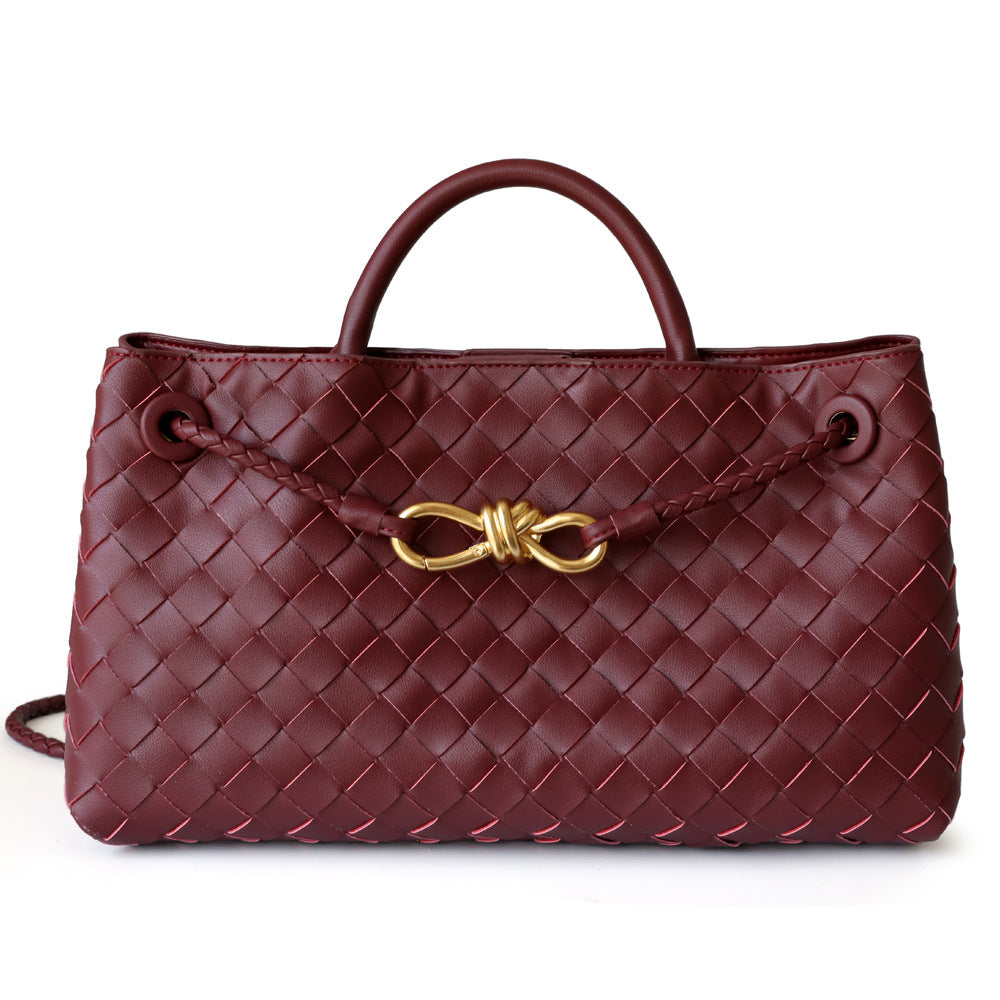 Sac cabas en cuir tressé pour femme, coloris rouge vin, vue frontale
