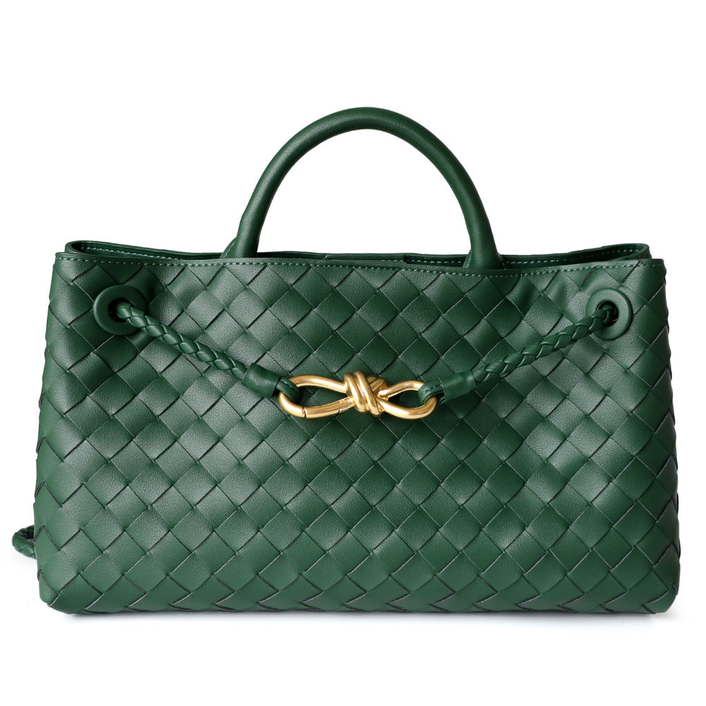 Sac cabas en cuir tressé pour femme, coloris vert foncé, vue frontale