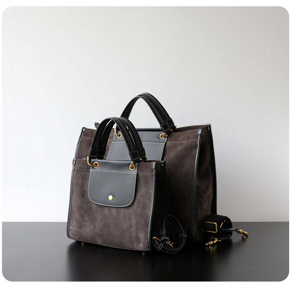Sac cabas en daim femme, tailles petit et grand, tailles petit et grand, coloris brun foncé,  vue latéral
