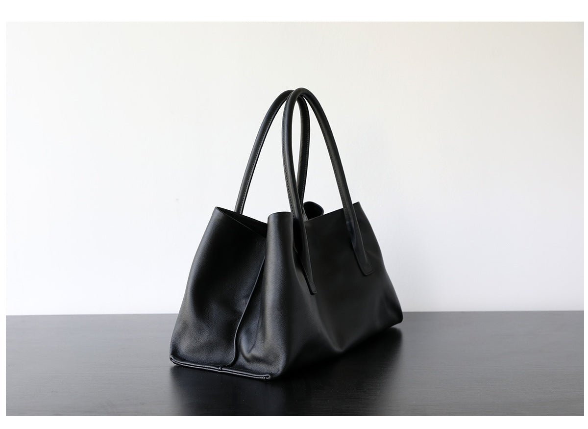 Sac cabas femme en cuir de vachette, sac bandoulière grand format noir 