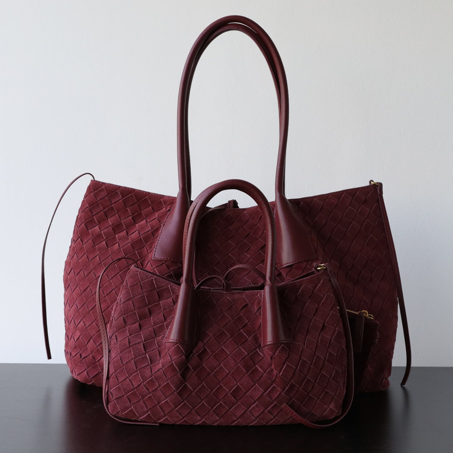 Sac cabas femme en cuir de vachette tressé, sac à main élégant rouge vin – vue frontale
