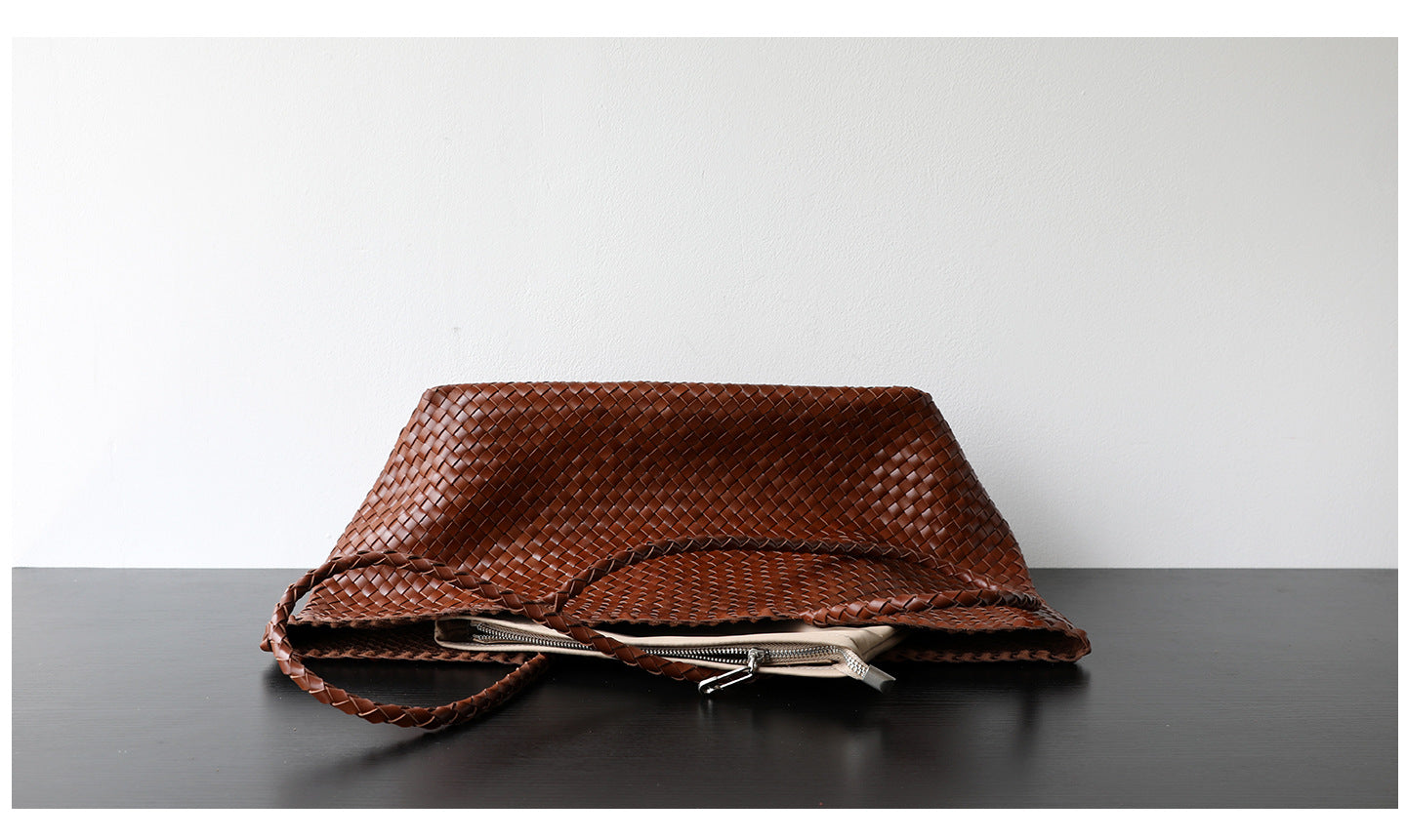 Sac cabas femme en cuir tressé, coloris brun, vue frontale