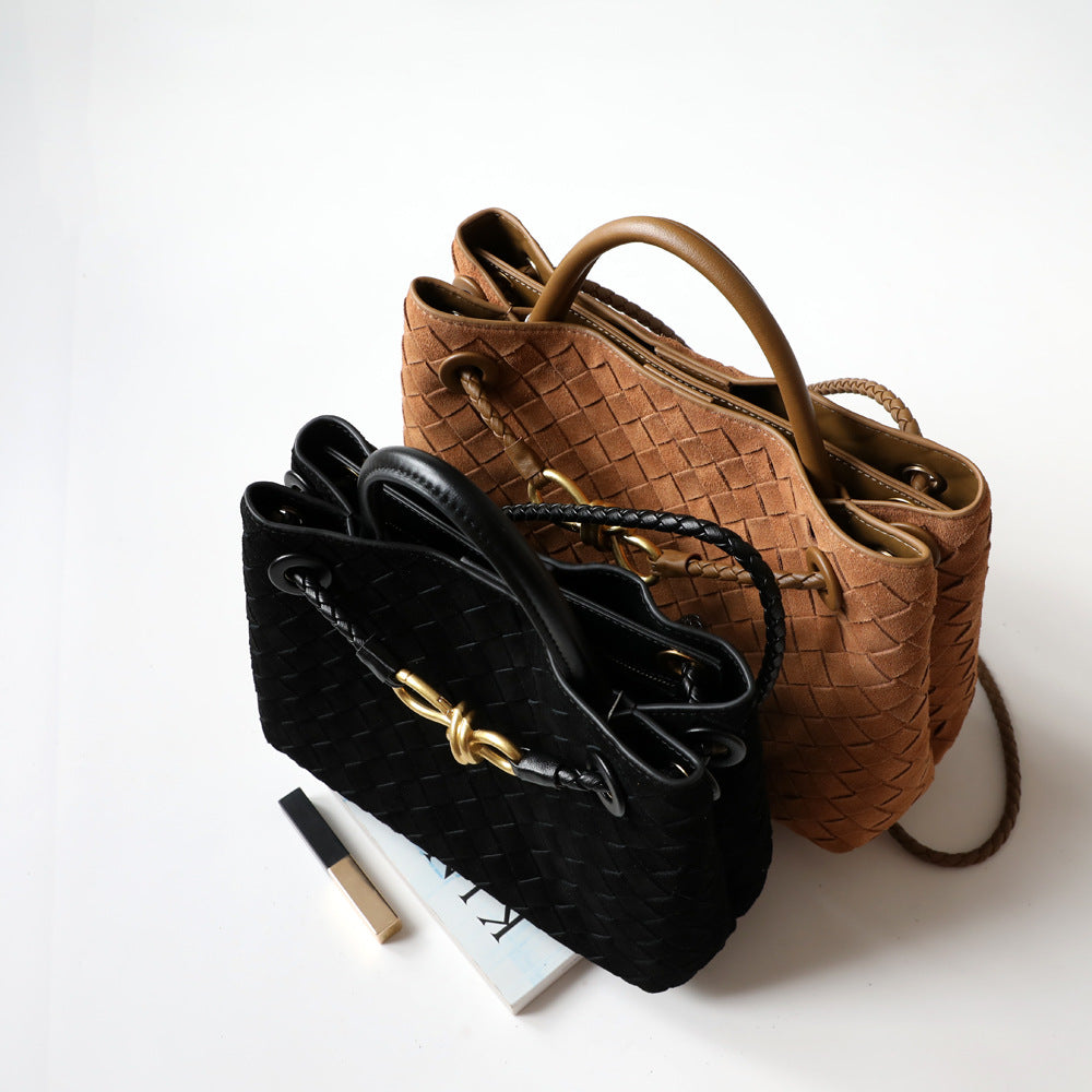 Sac cabas femme en cuir tressé haut de gamme, coloris brun, noir, vue de ciel