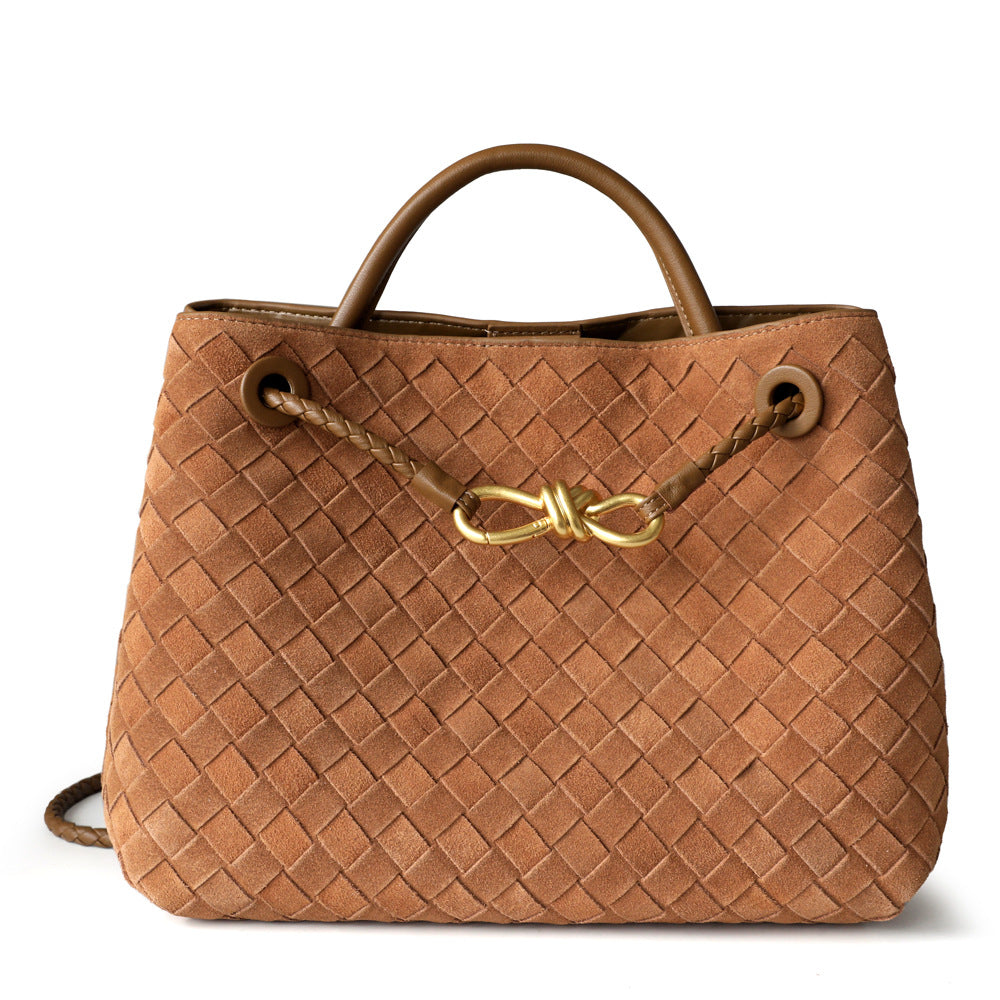Sac cabas femme en cuir tressé haut de gamme, coloris brun, vue frontale