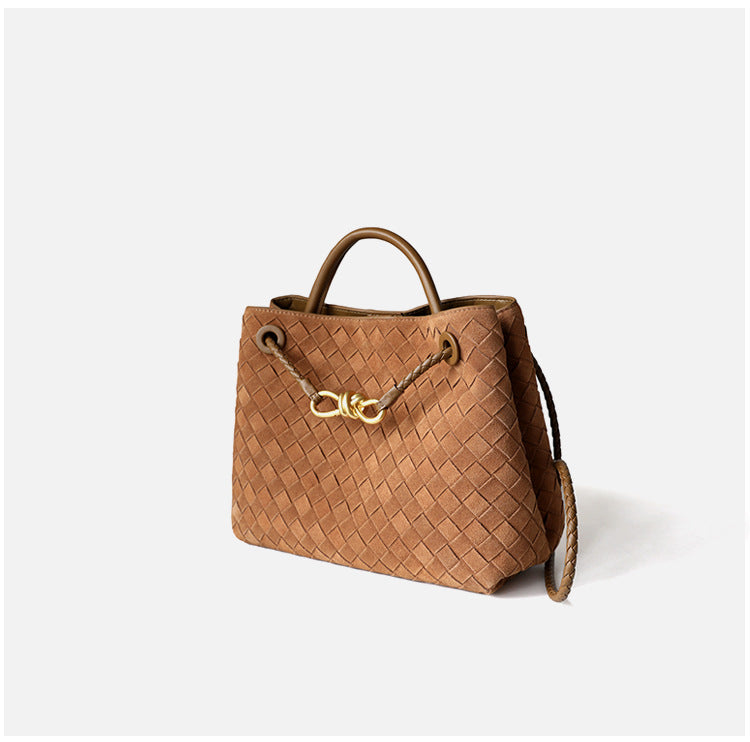 Sac cabas femme en cuir tressé haut de gamme, coloris brun, vue latéral
