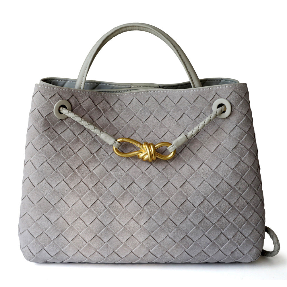 Sac cabas femme en cuir tressé haut de gamme, coloris gris clair, vue frontale