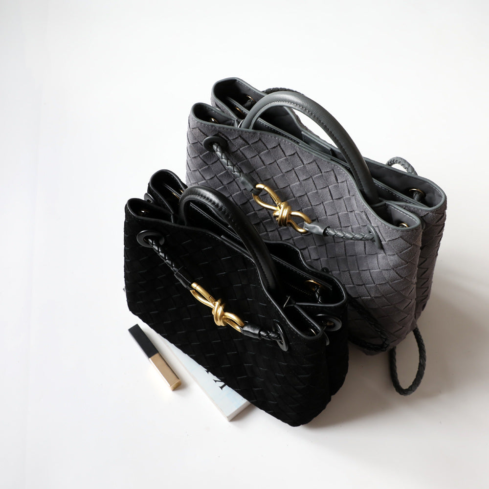 Sac cabas femme en cuir tressé haut de gamme, coloris gris foncé, noir, vue de ciel