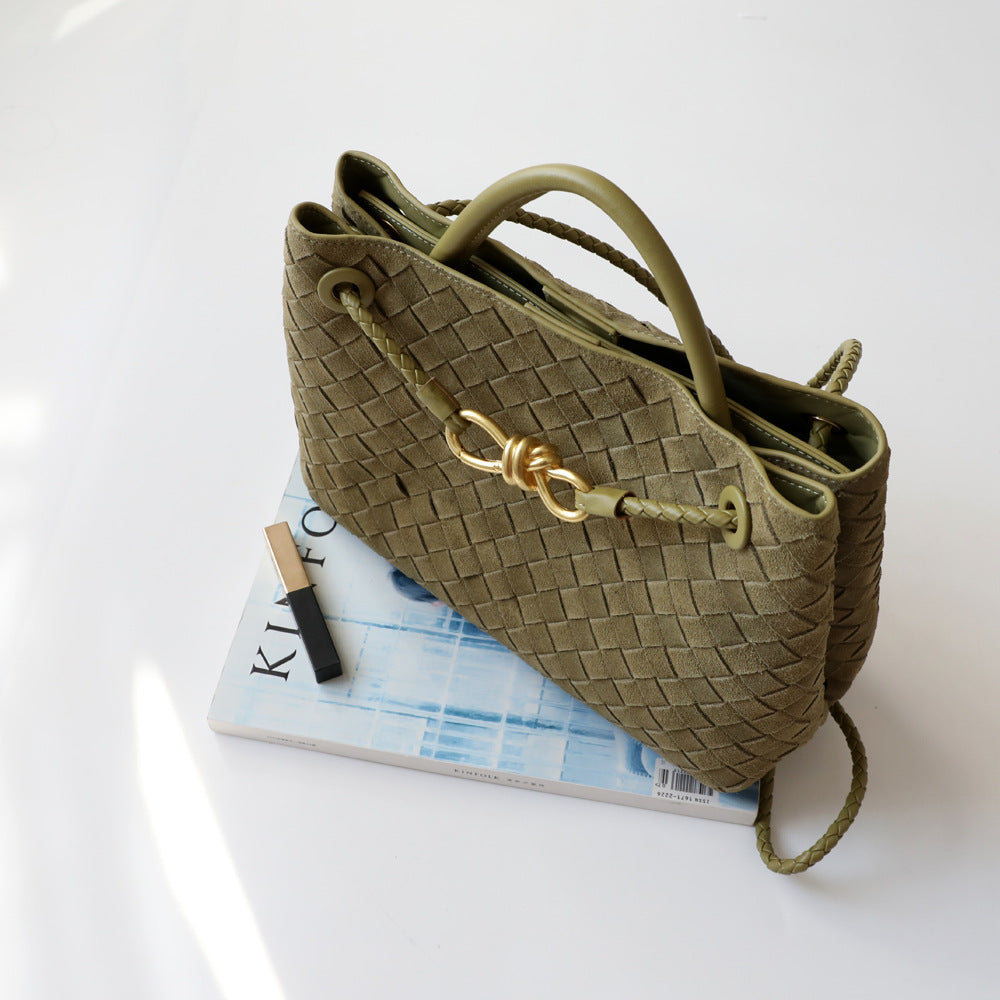Sac cabas femme en cuir tressé haut de gamme, coloris vert olive , vue de ciel