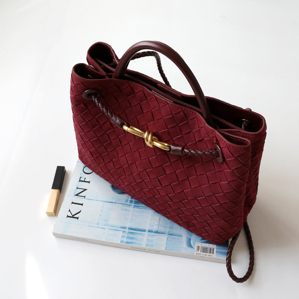 Sac cabas femme en cuir tressé haut de gamme, coloris rouge vin , vue de ciel