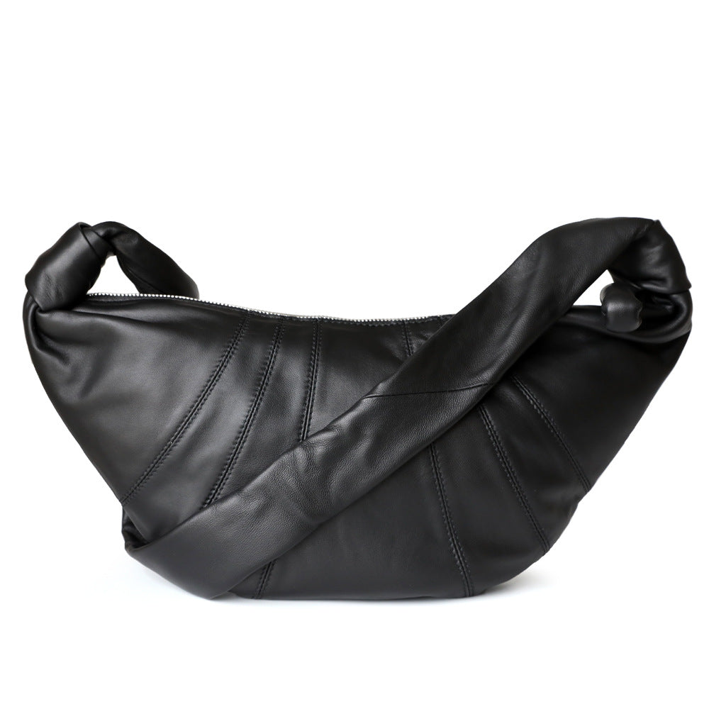 Sac croissant femme en cuir véritable, sac bandoulière noir – vue frontale