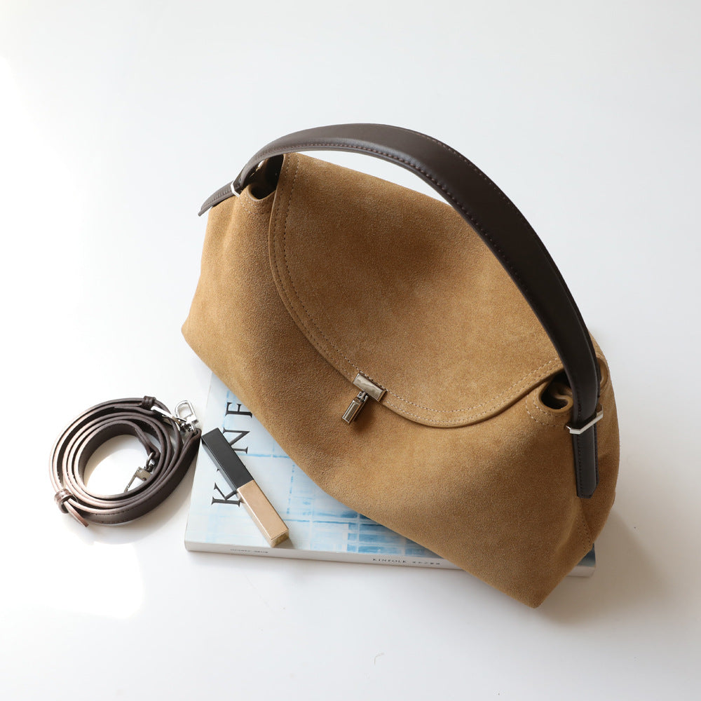 Sac en daim en cuir véritable de vachette, coloris beige, vue de ciel