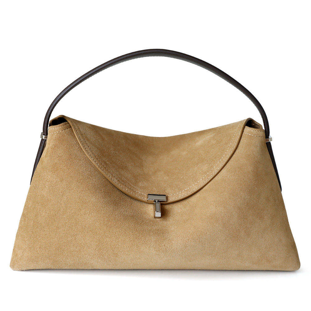 Sac en daim en cuir véritable de vachette, coloris beige, vue frontale