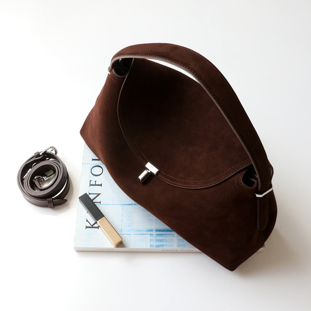 Sac en daim en cuir véritable de vachette, coloris café, vue de ciel
