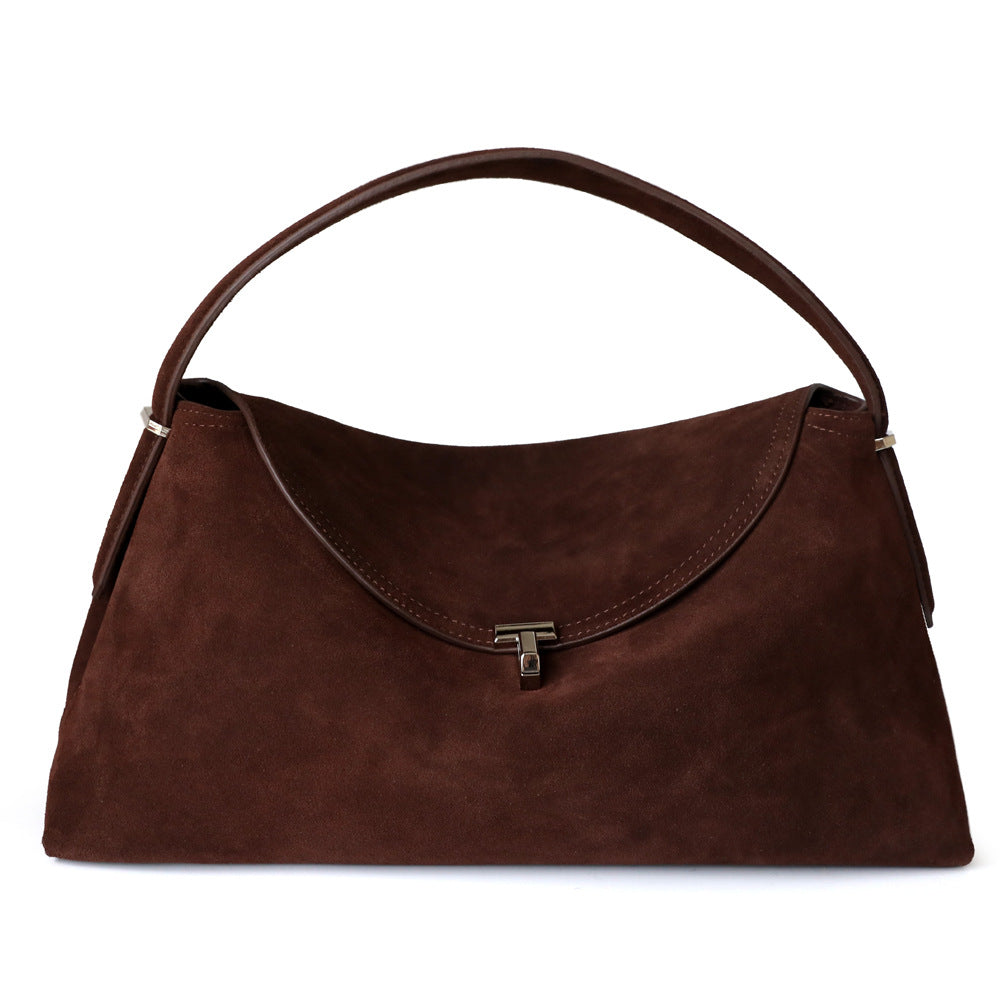 Sac en daim en cuir véritable de vachette, coloris café, vue frontale