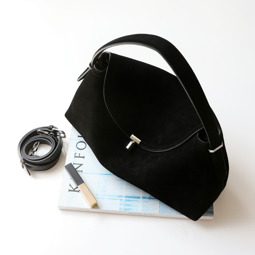 Sac en daim en cuir véritable de vachette, coloris noir, vue de ciel