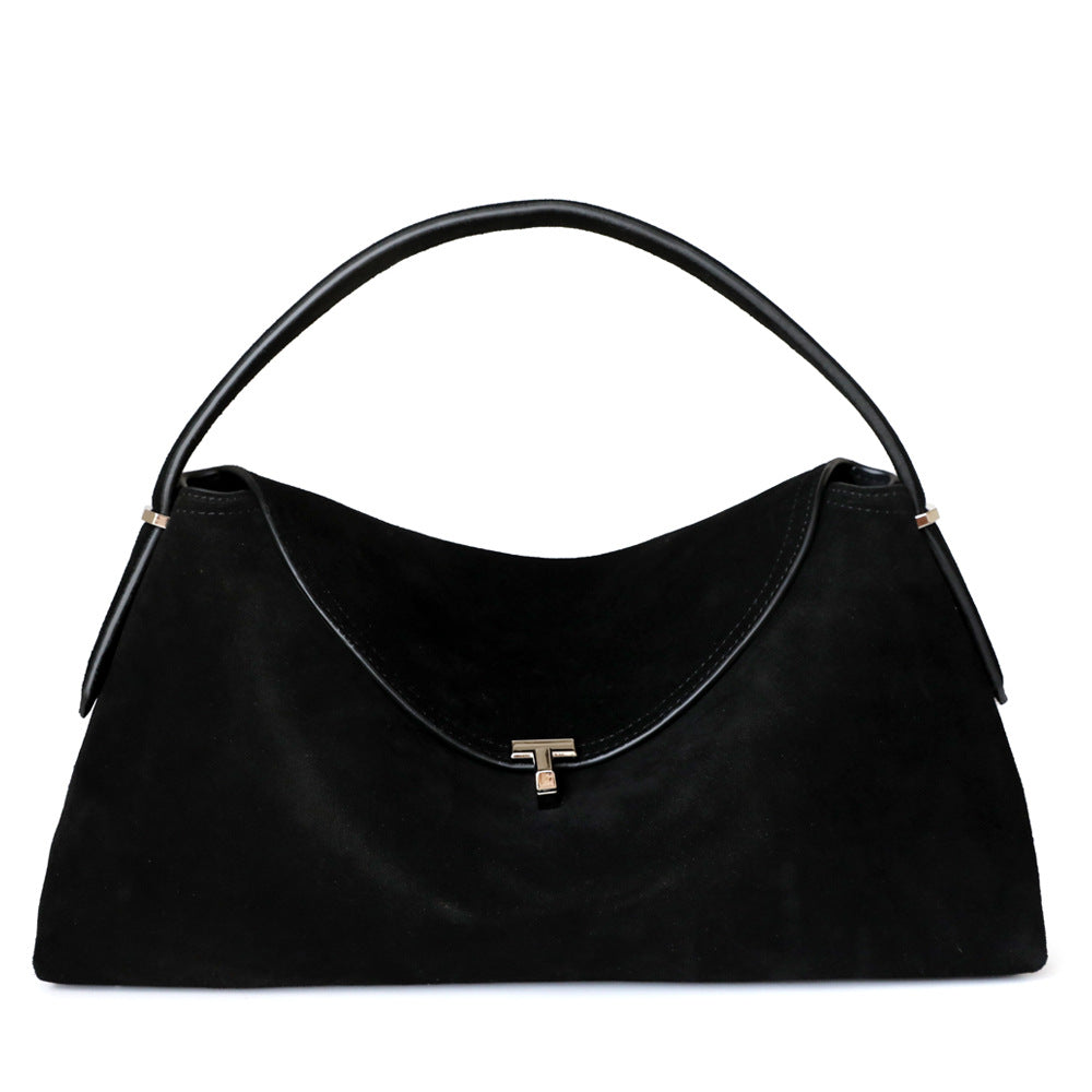 Sac en daim en cuir véritable de vachette, coloris noir, vue frontale