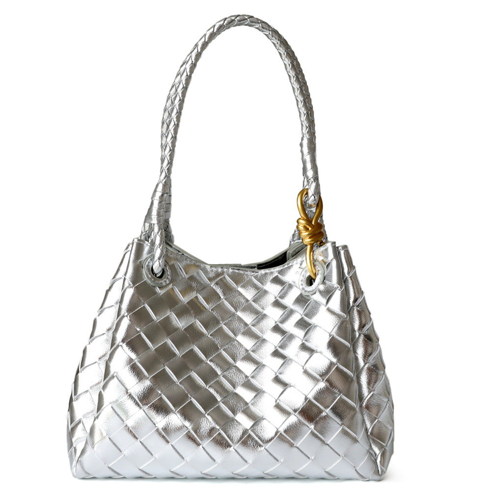 Sac à main en cuir en vachette tressé pour femme, coloris argent, vue frontale