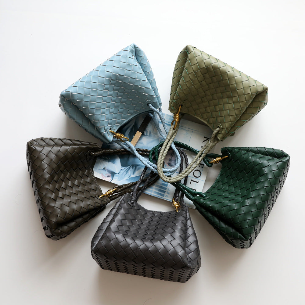 Sac à main en cuir en vachette tressé pour femme, coloris café, vert foncé, blue ciel, café, vert olive, vue de ciel