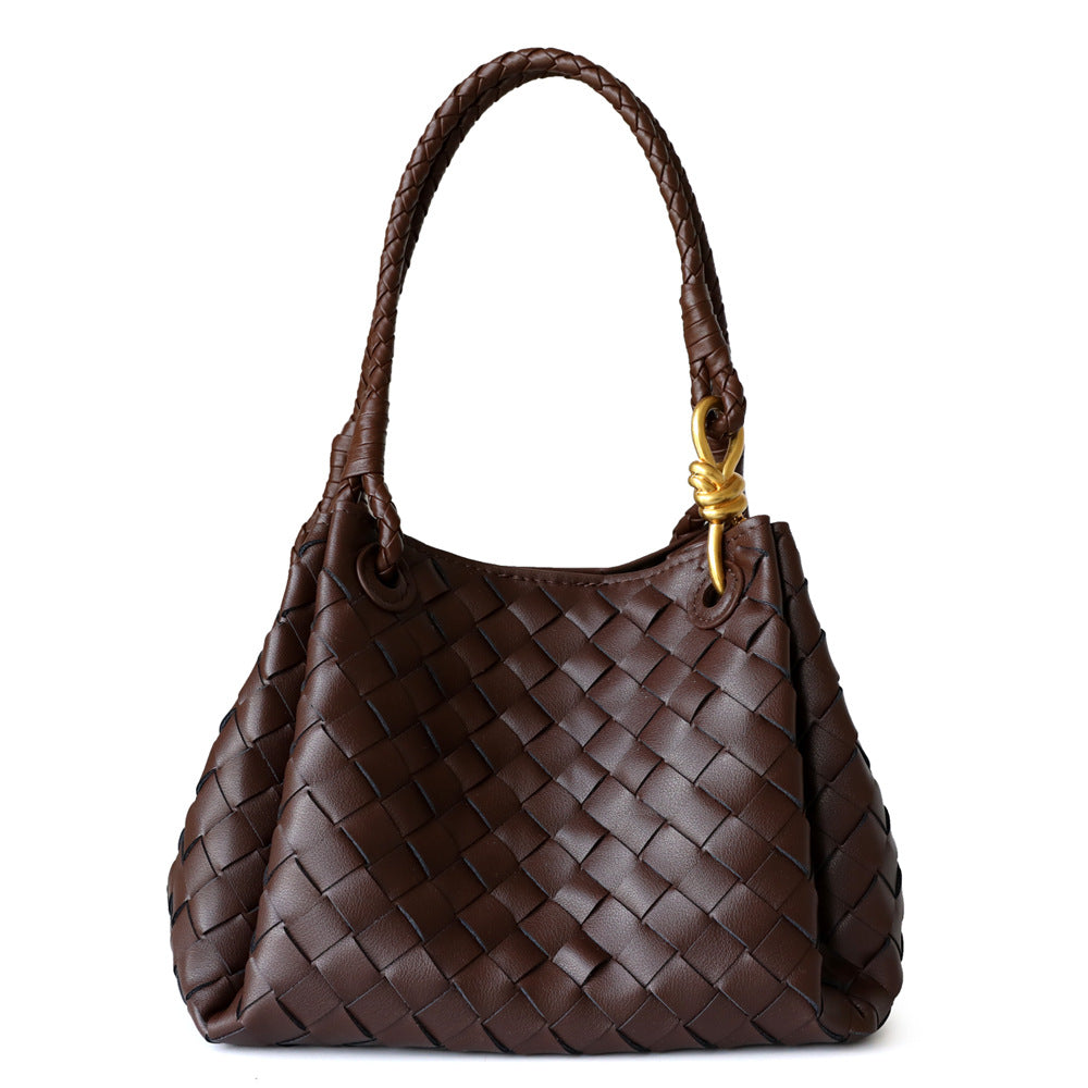 Sac à main en cuir en vachette tressé pour femme, coloris café, vue frontale