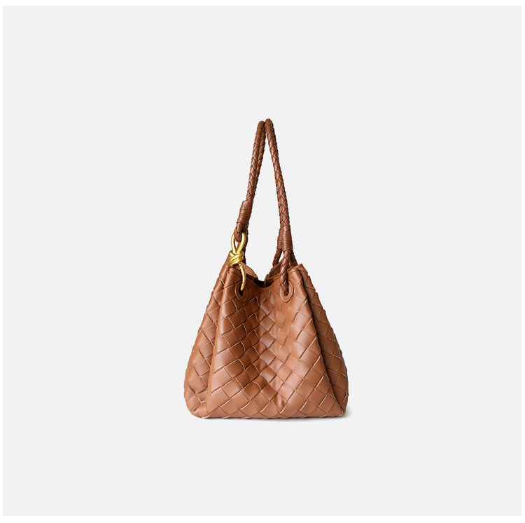 Sac à main en cuir en vachette tressé pour femme, coloris caramel, vue de coté