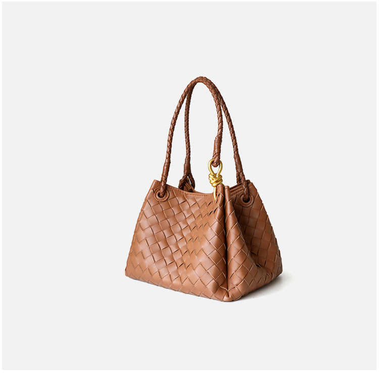 Sac à main en cuir en vachette tressé pour femme, coloris caramel, vue latéral