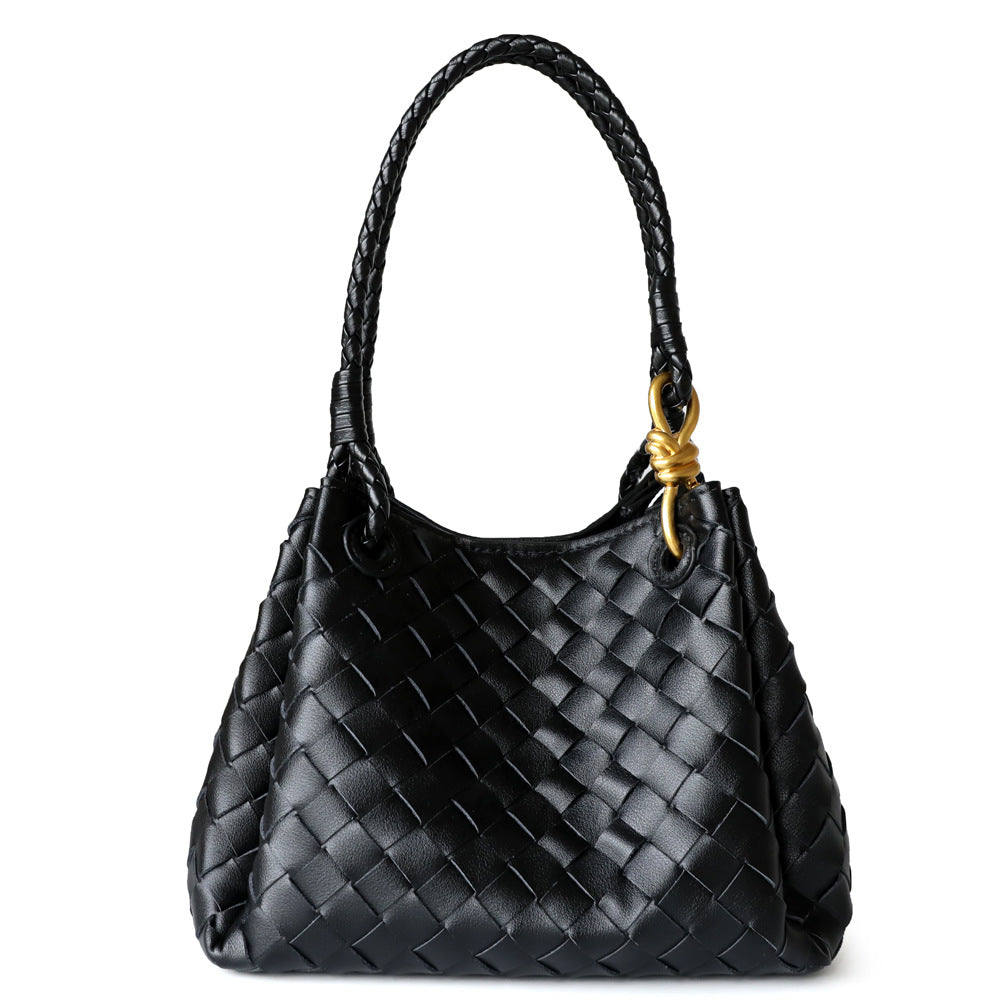 Sac à main en cuir en vachette tressé pour femme, coloris noir, vue frontale