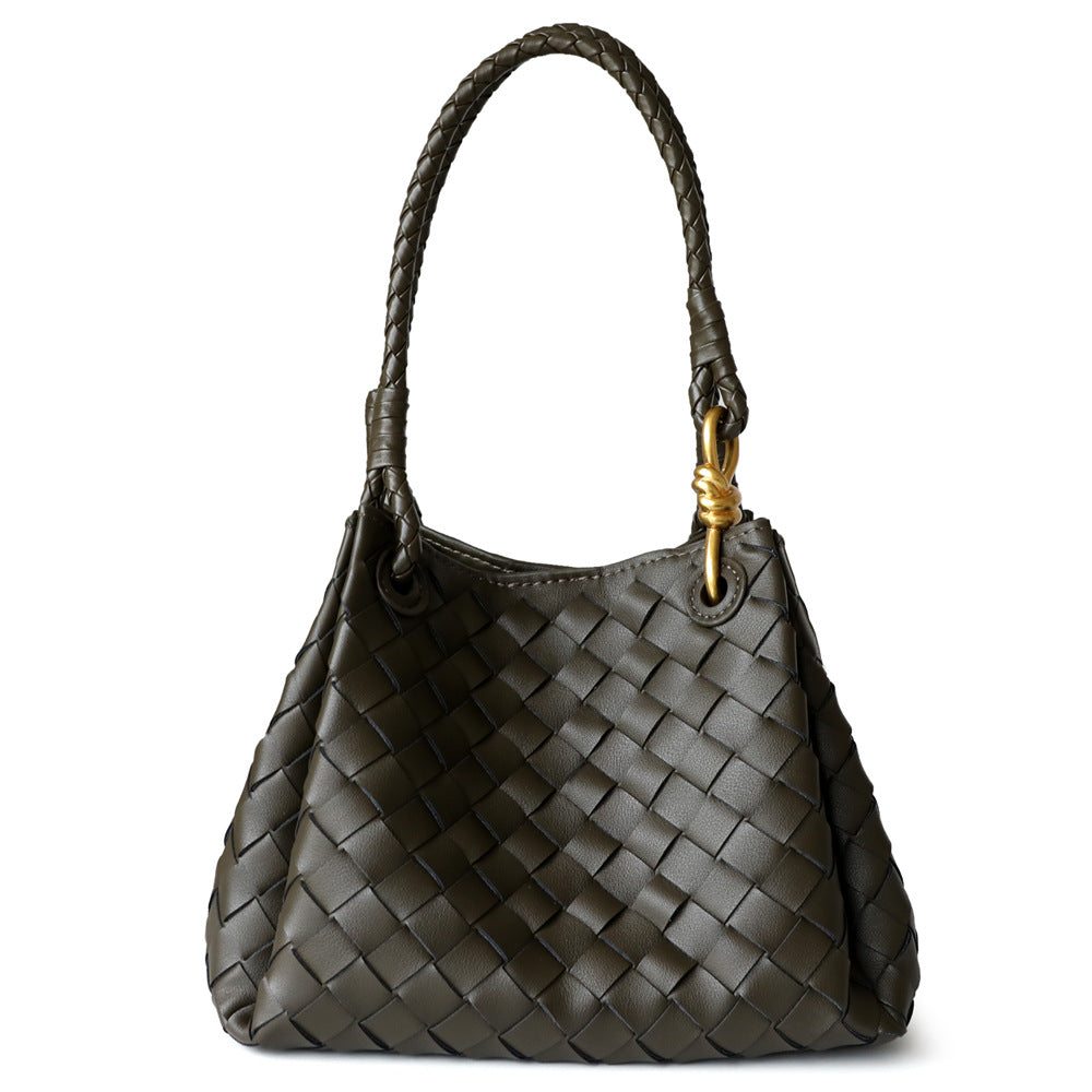 Sac à main en cuir en vachette tressé pour femme, coloris vert militaire, vue frontale